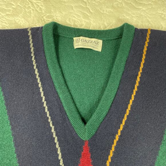 VTG 100% Super Lambswool Scotland Forest Green Argyle V-neckline Preppy Sweater - Picture 5 of 14